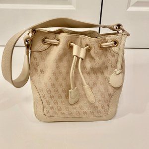 Dooney & Bourke Drawstring Bucket Bag, Monogrammed w/Leather Trim, Bone Color